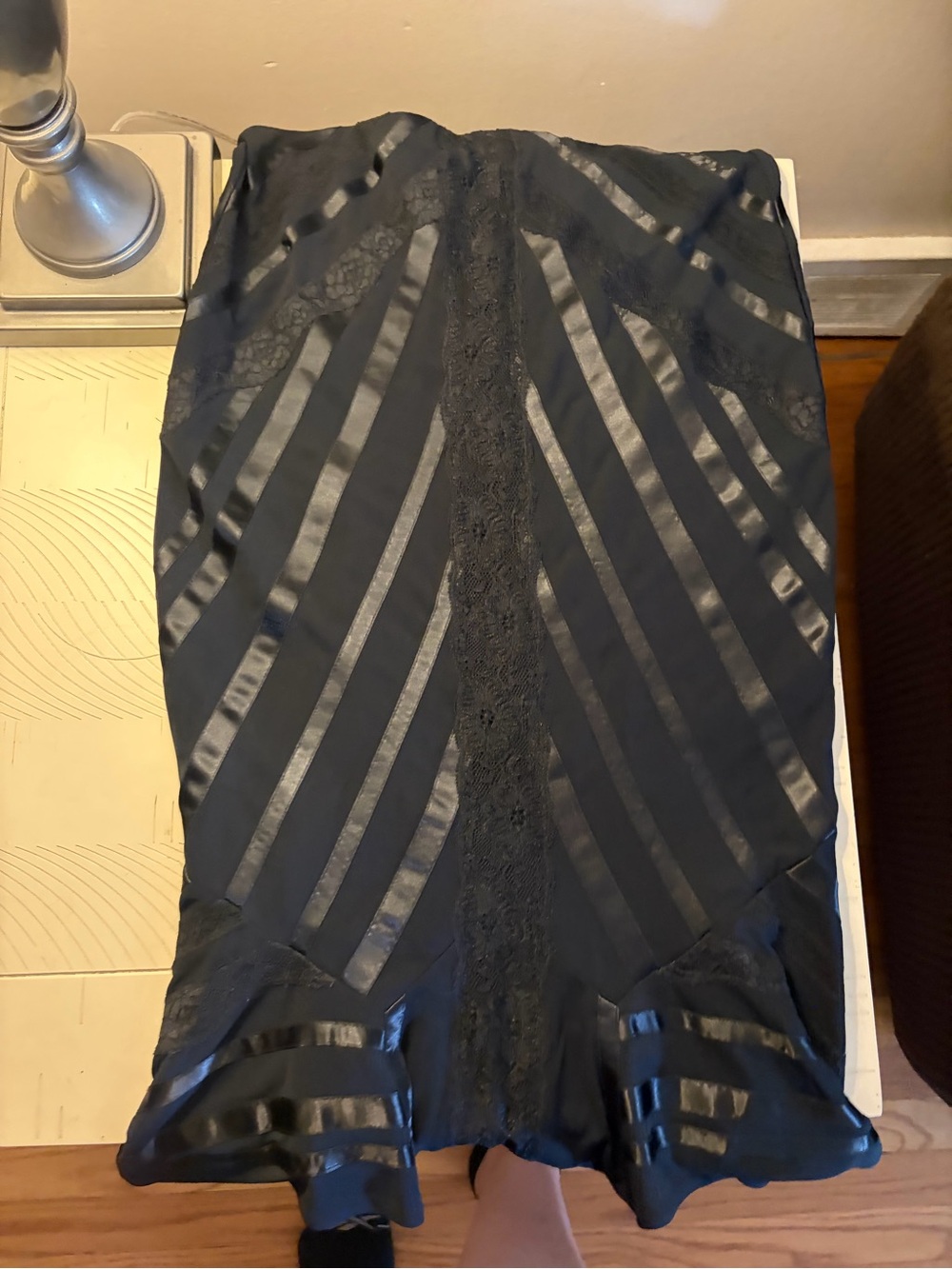 Express Black Satin-Striped Lace Pencil Skirt